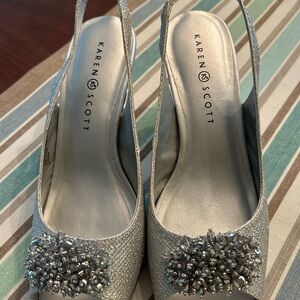 Karen Scott Glittering Silver Slingback Heels with Beads. 8.5 . Gorgeous!